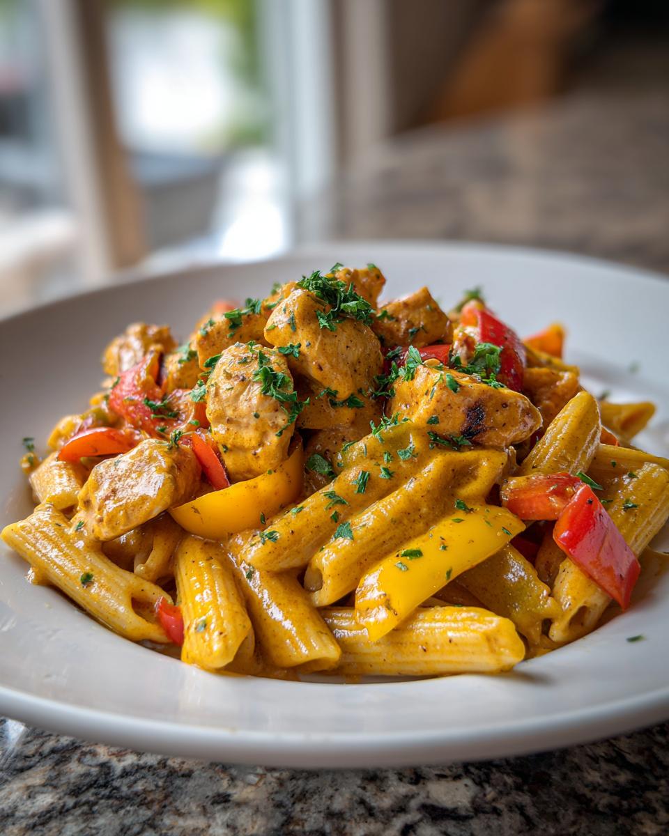 Close-up of creamy Rasta pasta with chunks of chicken and colorful bell peppers, garnished with parsley.