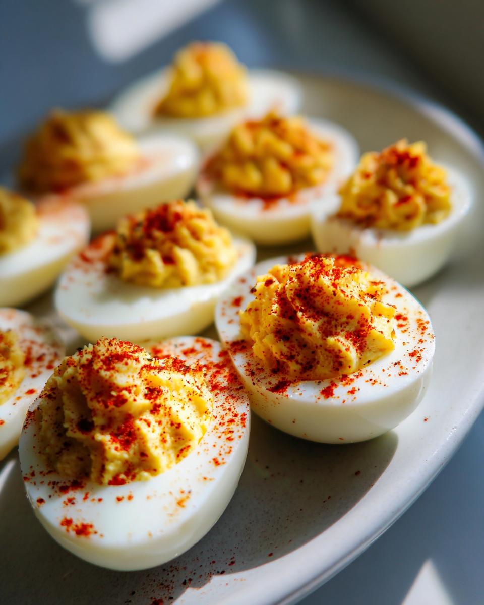 A close-up of several classic deviled eggs, piped high with creamy yolk filling and sprinkled generously with paprika.
