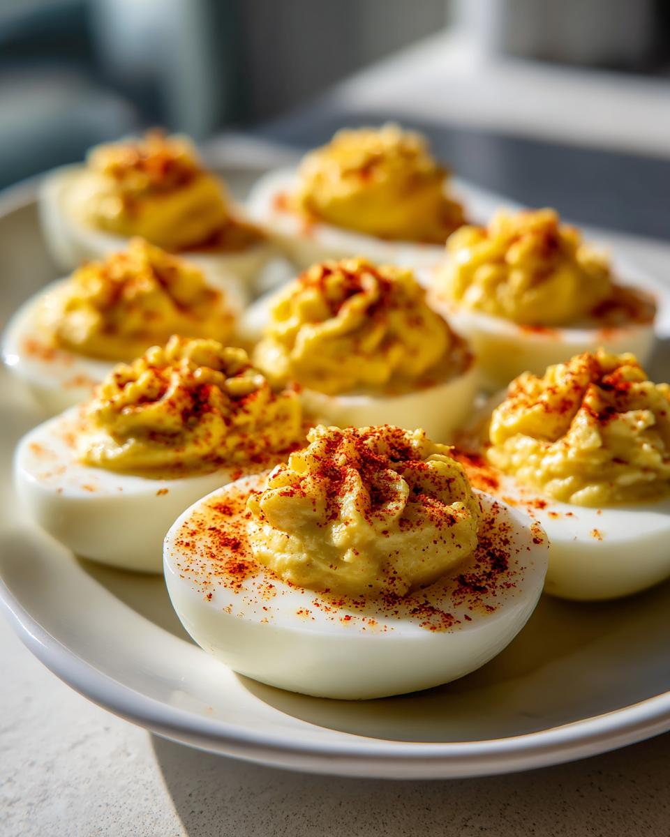 Close-up of several classic deviled eggs, piped high with creamy filling and dusted generously with paprika.
