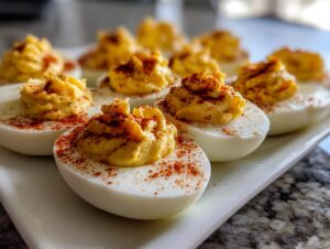 Close-up of creamy classic deviled eggs piped high and sprinkled generously with bright red paprika on a white platter.