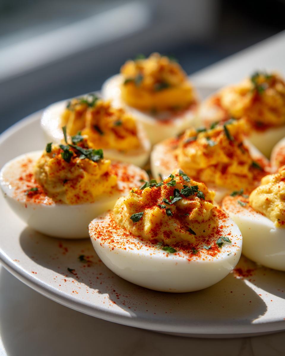 Close-up of several perfectly piped classic deviled eggs sprinkled with paprika and fresh herbs on a white plate.