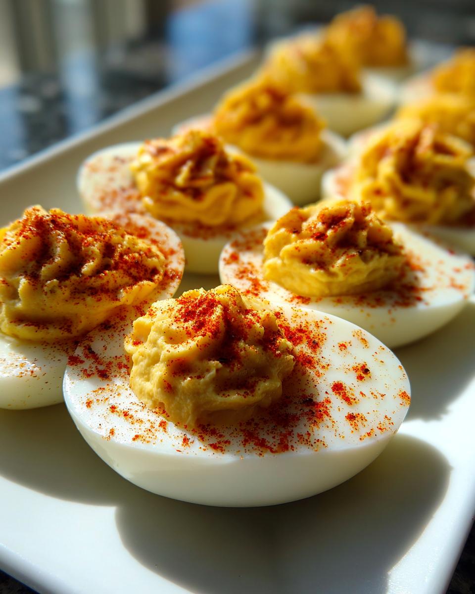 Close-up of creamy classic deviled eggs piped high and dusted with paprika on a white platter.