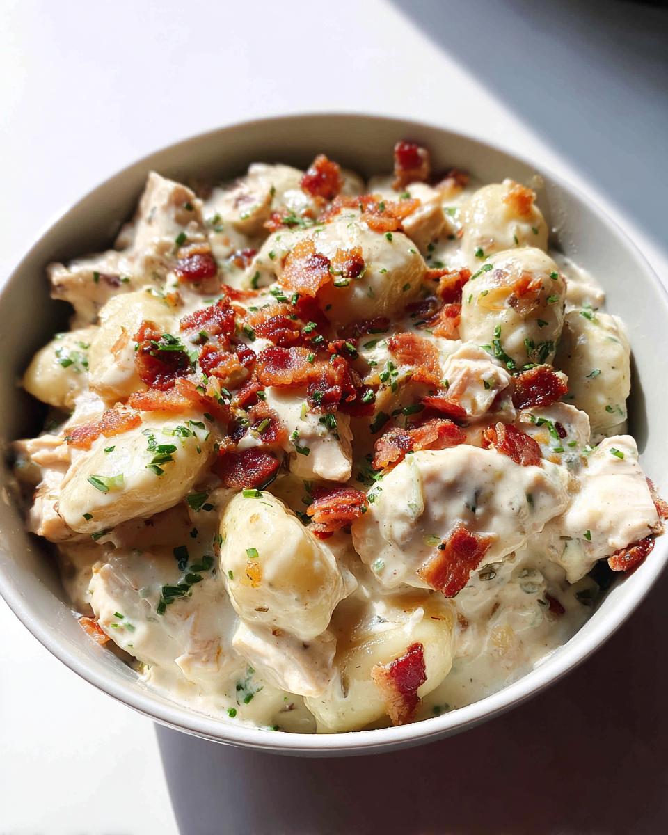 A close-up of creamy crack chicken gnocchi tossed in a rich sauce and topped generously with crispy bacon bits and chives.