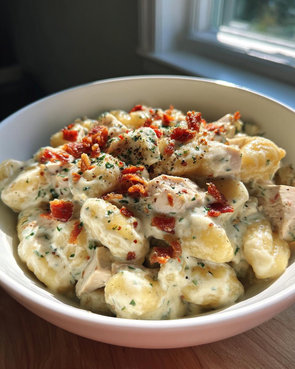 Close-up of creamy crack chicken gnocchi in a white bowl, topped with crispy bacon bits and parsley.