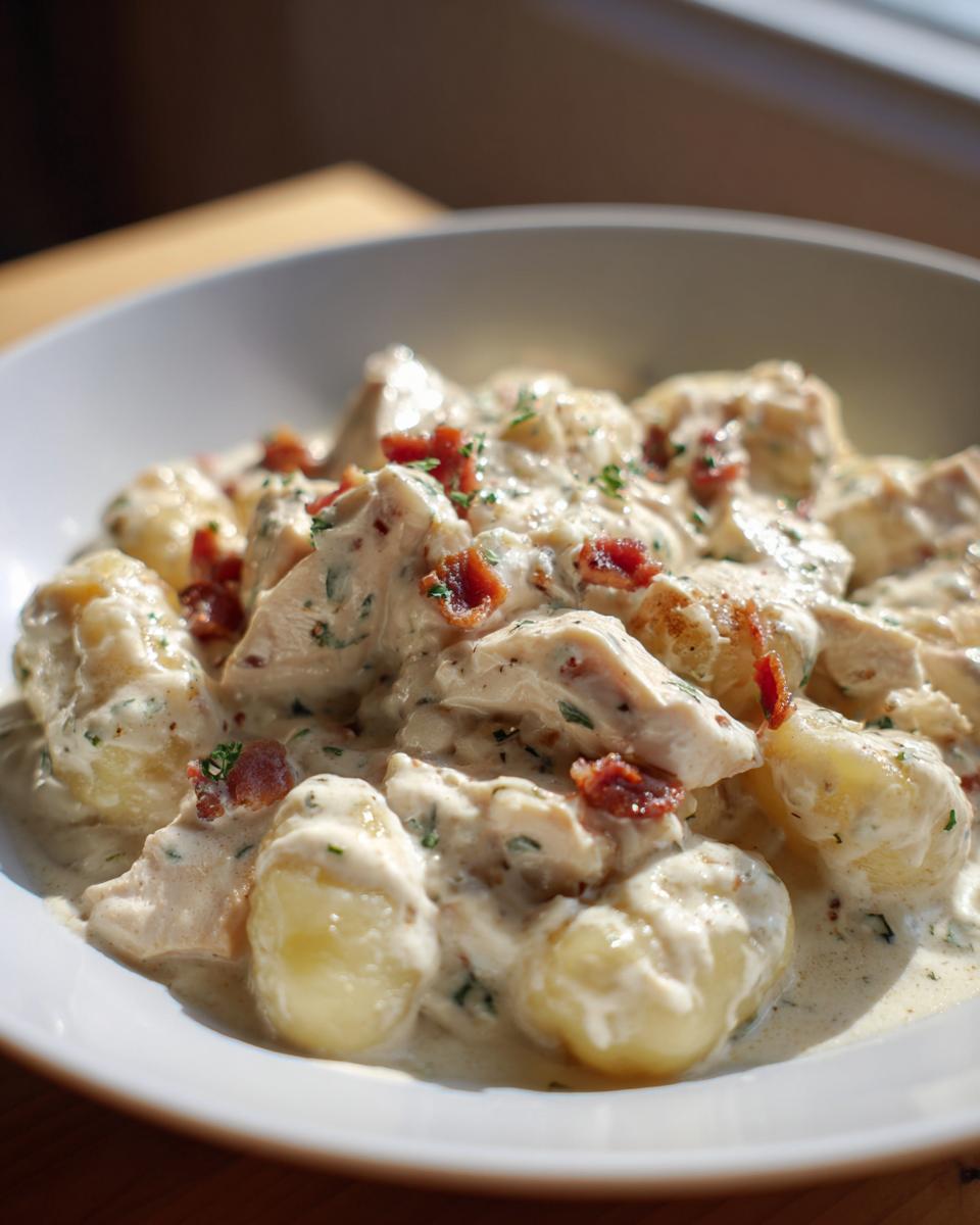 A close-up of creamy crack chicken gnocchi served in a white bowl, topped with bacon bits and herbs.