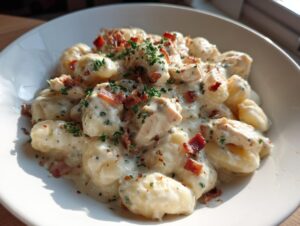 A close-up of creamy crack chicken gnocchi in a white bowl, topped with bacon bits and parsley.