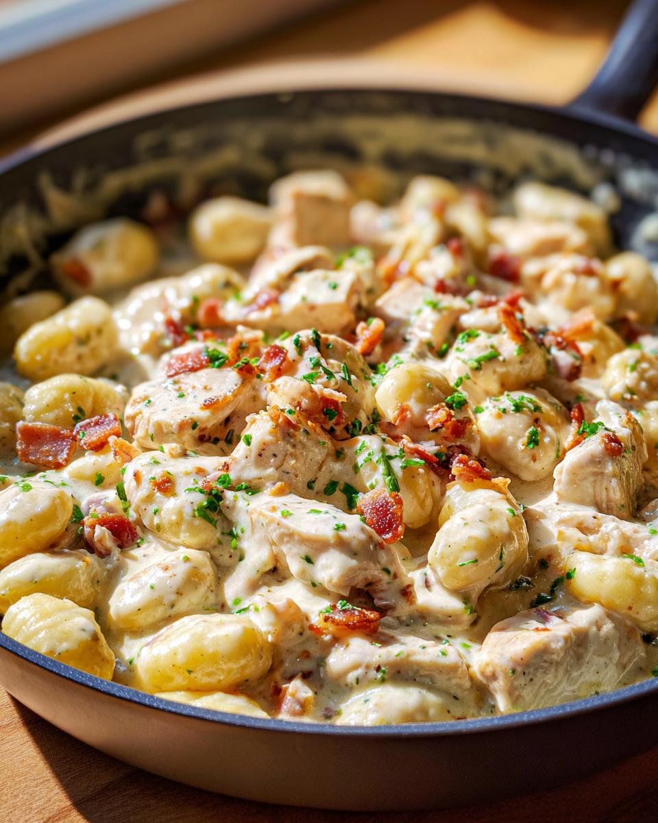 Close-up of creamy crack chicken gnocchi dish simmering in a black skillet, topped with bacon bits.