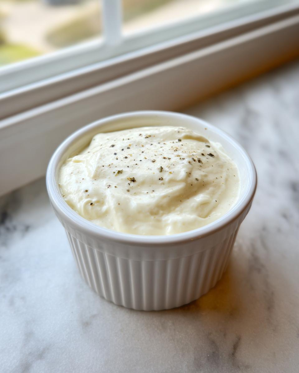 A small white ramekin filled with thick, creamy garlic sauce, topped with cracked pepper.