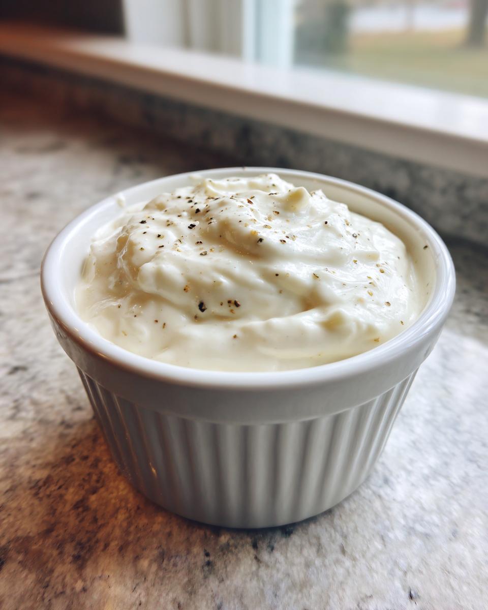 A small white ramekin filled with thick, creamy garlic sauce, topped with freshly cracked black pepper.