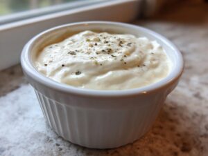 Close-up of a creamy, thick homemade garlic sauce topped with pepper and herbs in a white fluted ramekin.