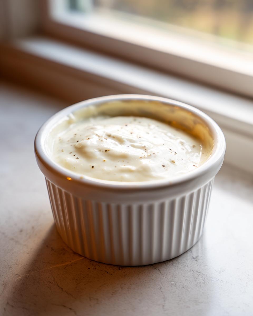A close-up of creamy, white garlic sauce sprinkled with black pepper, served in a fluted white ramekin near a window.
