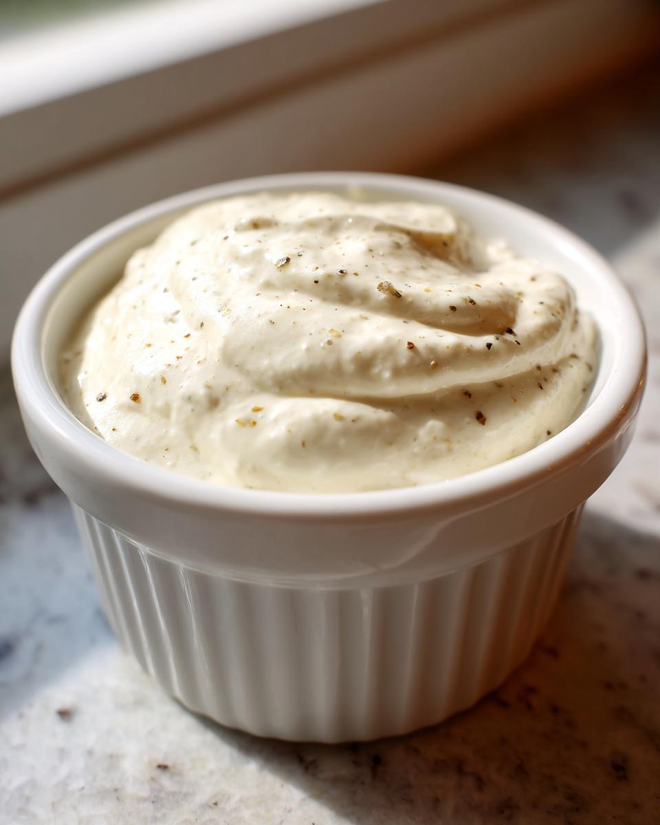 A close-up of thick, creamy homemade garlic sauce speckled with herbs, served in a small white ramekin.