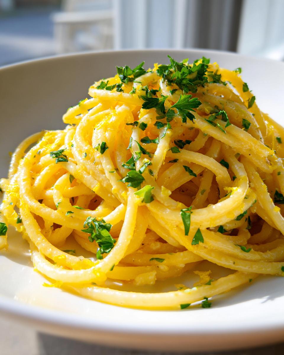 A close-up shot of a serving of creamy lemon pasta, tossed in a bright yellow sauce and topped with fresh chopped parsley.