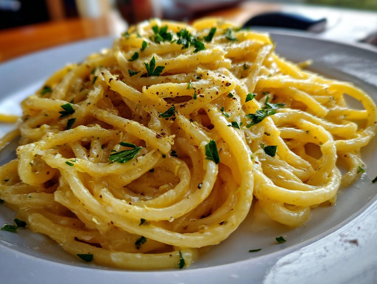 A close-up of a serving of creamy lemon pasta, tossed in a rich sauce and garnished with fresh parsley and black pepper.