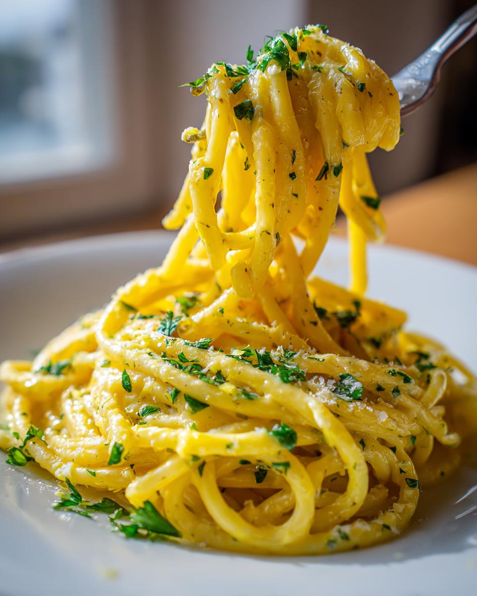 A fork lifts a generous portion of creamy lemon pasta coated in a rich yellow sauce and topped with fresh parsley.