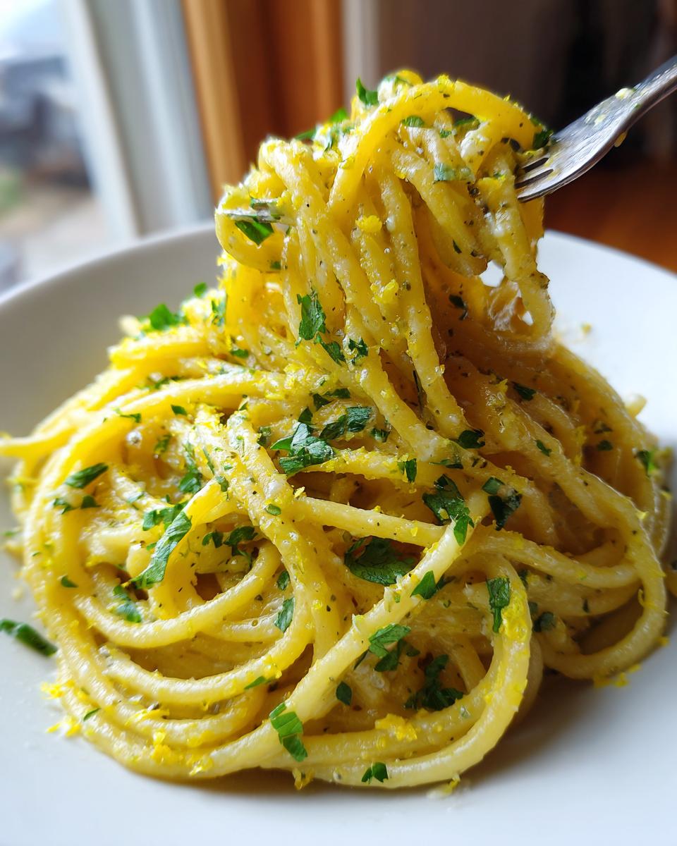 A fork lifting spaghetti coated in sauce from a bowl of creamy lemon pasta, garnished with zest and parsley.
