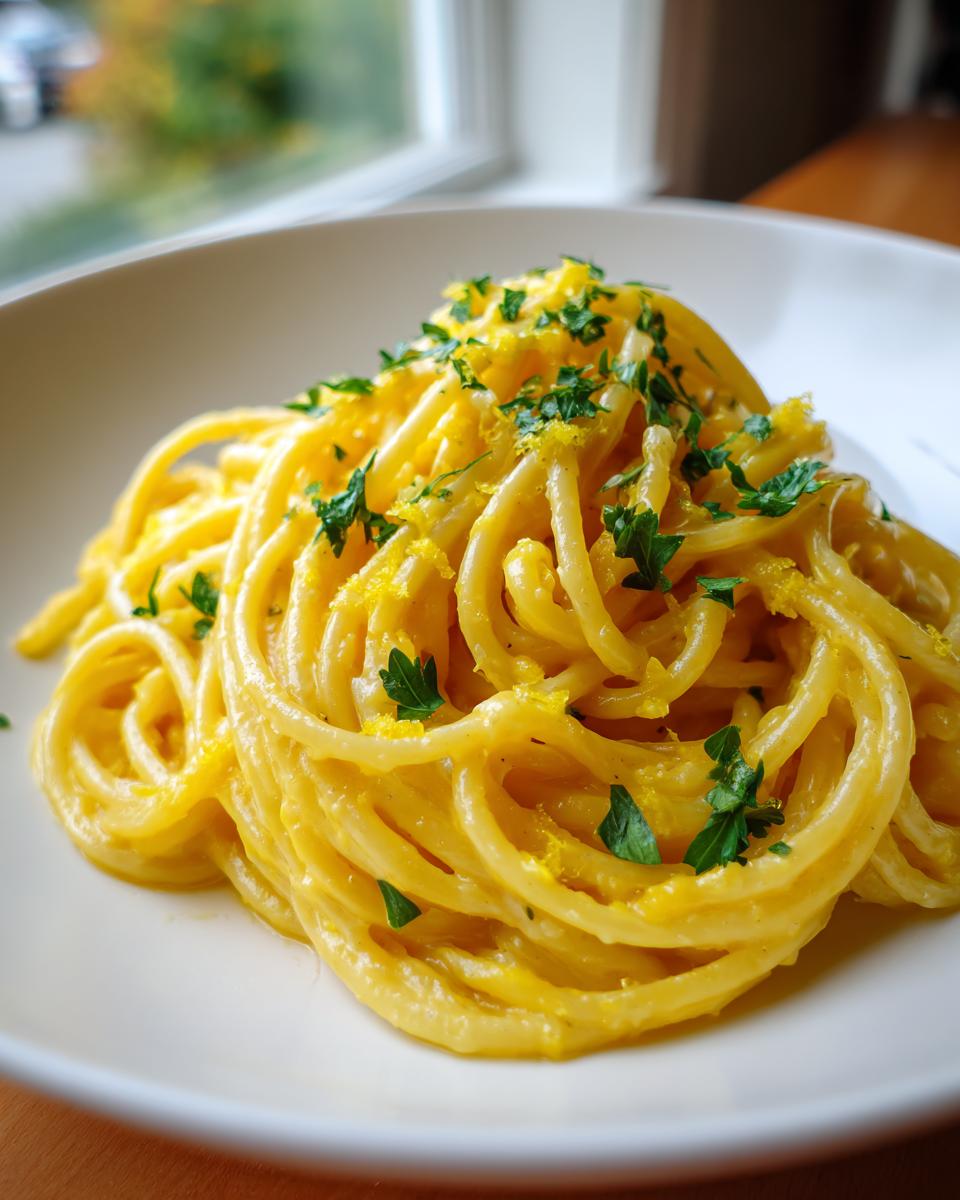 Close-up of a swirl of creamy lemon pasta topped with bright yellow lemon zest and chopped fresh parsley.