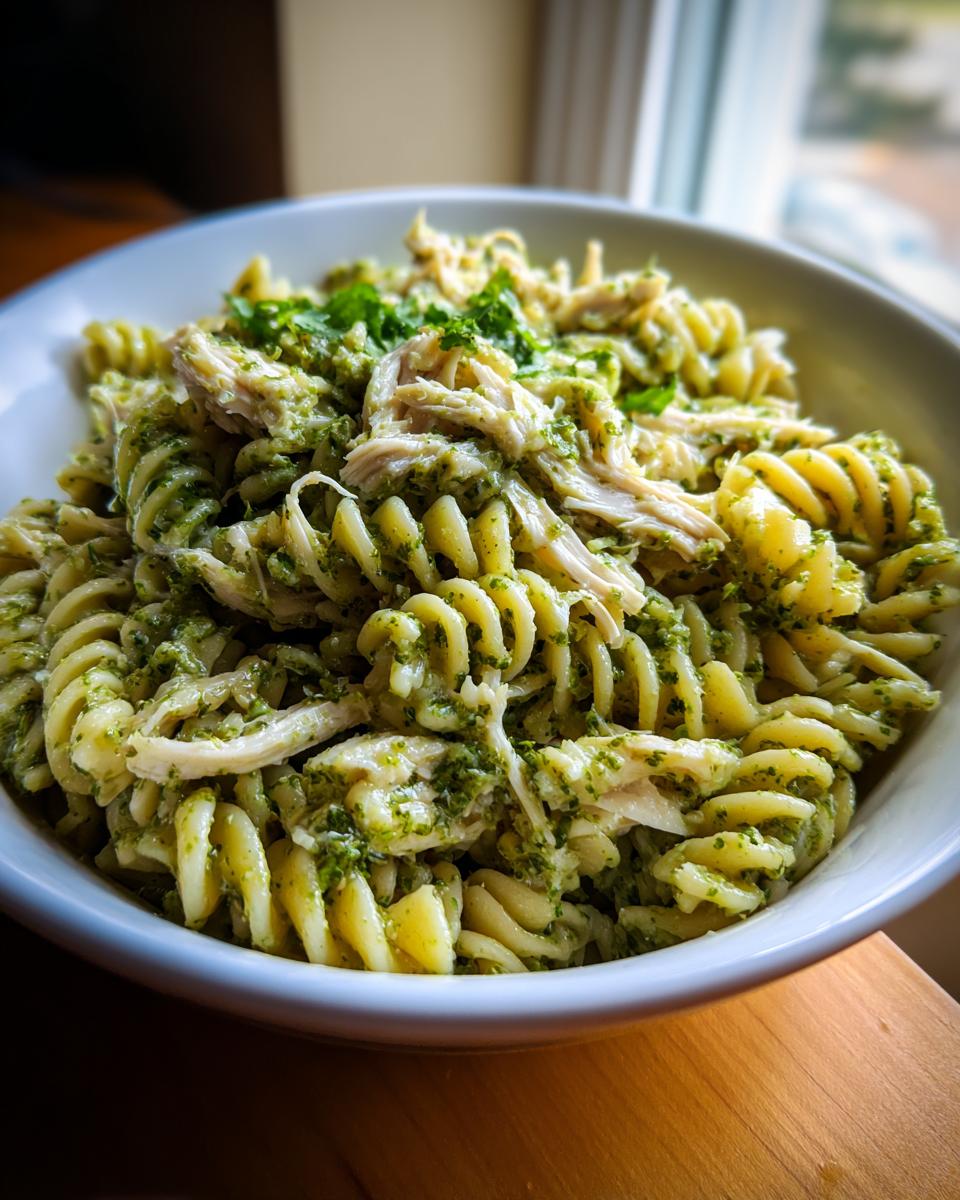 Close-up of creamy pesto pasta mixed with shredded chicken, served in a white bowl.