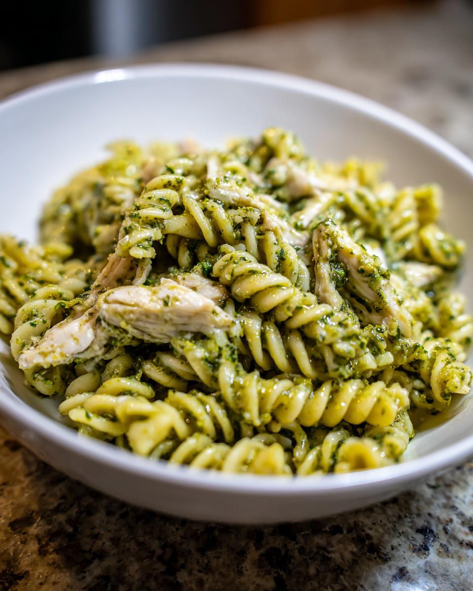 Close-up of creamy pesto pasta with shredded chicken served in a white bowl.