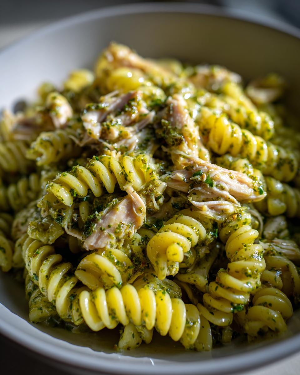 Close-up of creamy pesto pasta featuring fusilli noodles and shredded chicken.
