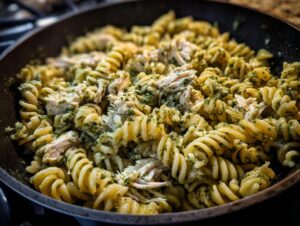 Close-up of creamy pesto pasta mixed with shredded chicken in a dark skillet.