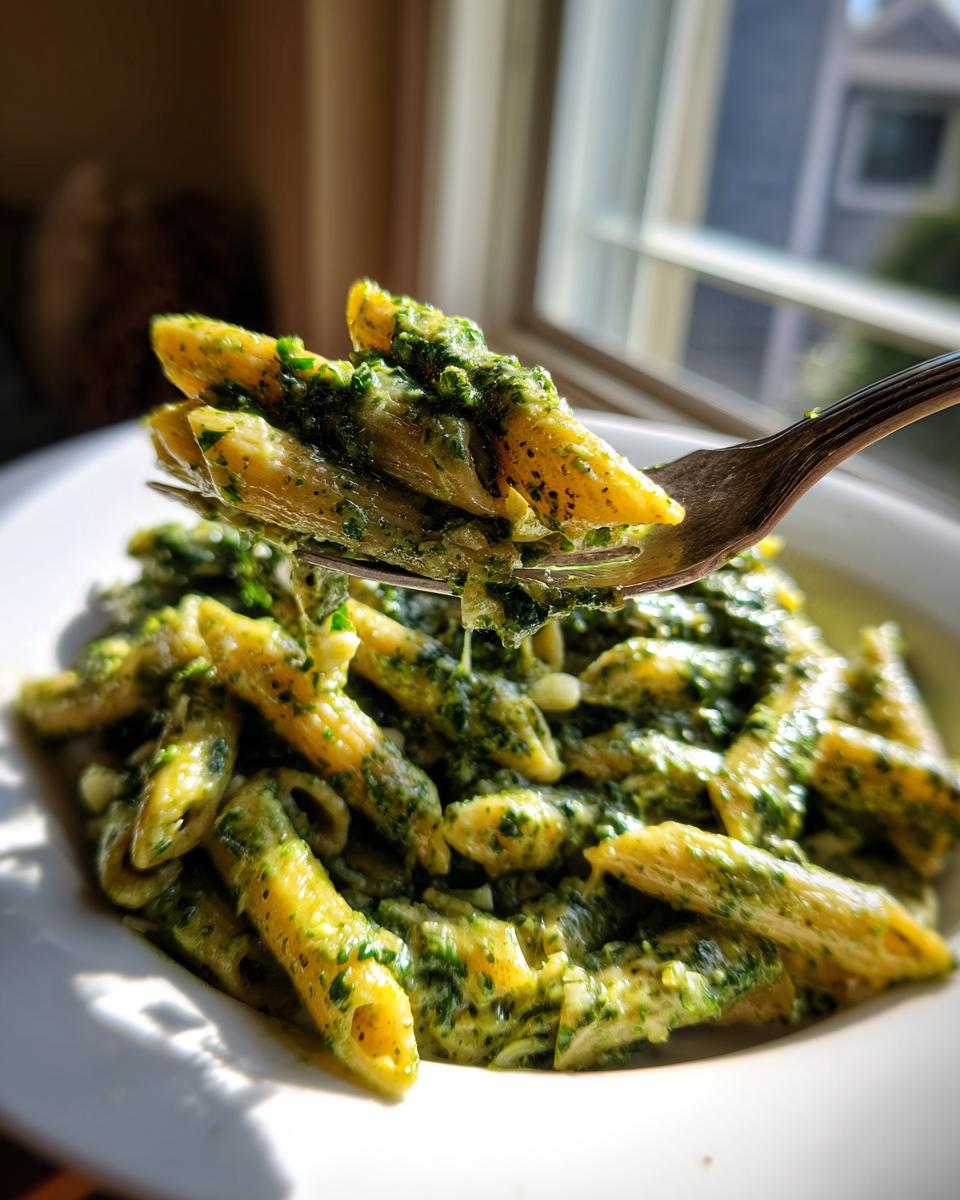 A fork lifting penne pasta coated in rich, creamy pesto pasta sauce from a white bowl.