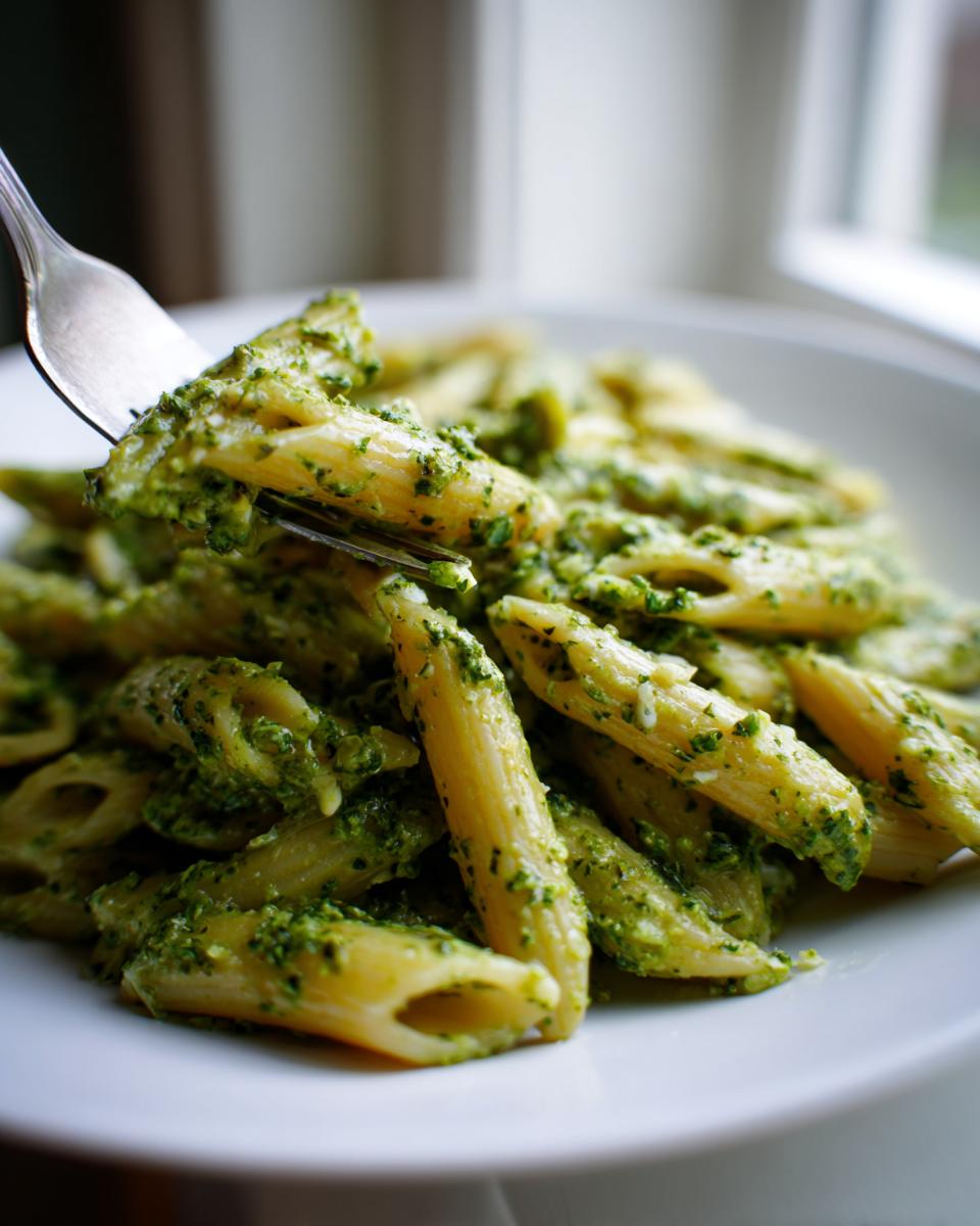 A fork lifting a piece of penne pasta coated heavily in vibrant green creamy pesto pasta sauce.