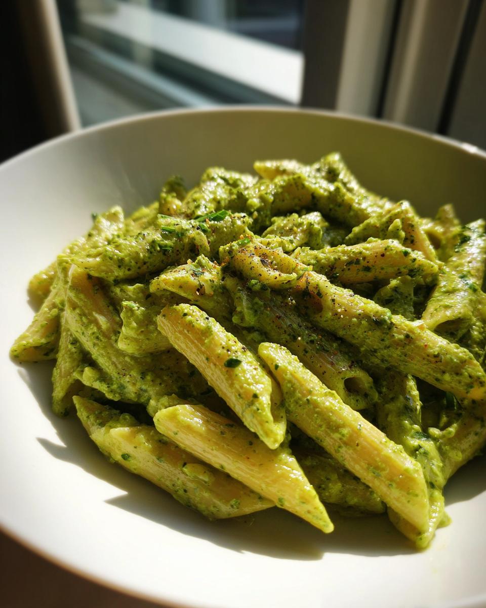A close-up of creamy pesto pasta made with penne, heavily coated in bright green sauce and seasoned with pepper.