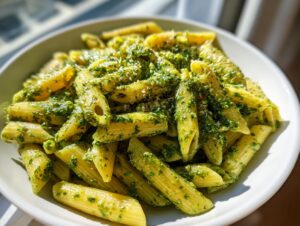 Close-up of penne pasta generously coated in vibrant green, creamy pesto pasta sauce and topped with grated cheese.