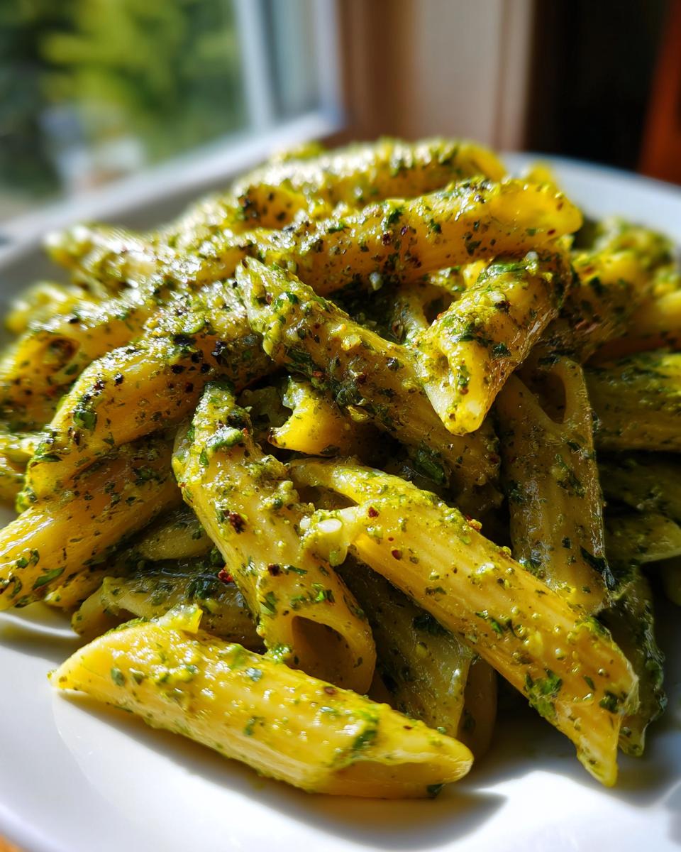 A close-up shot of penne pasta coated thoroughly in vibrant green creamy pesto pasta sauce.