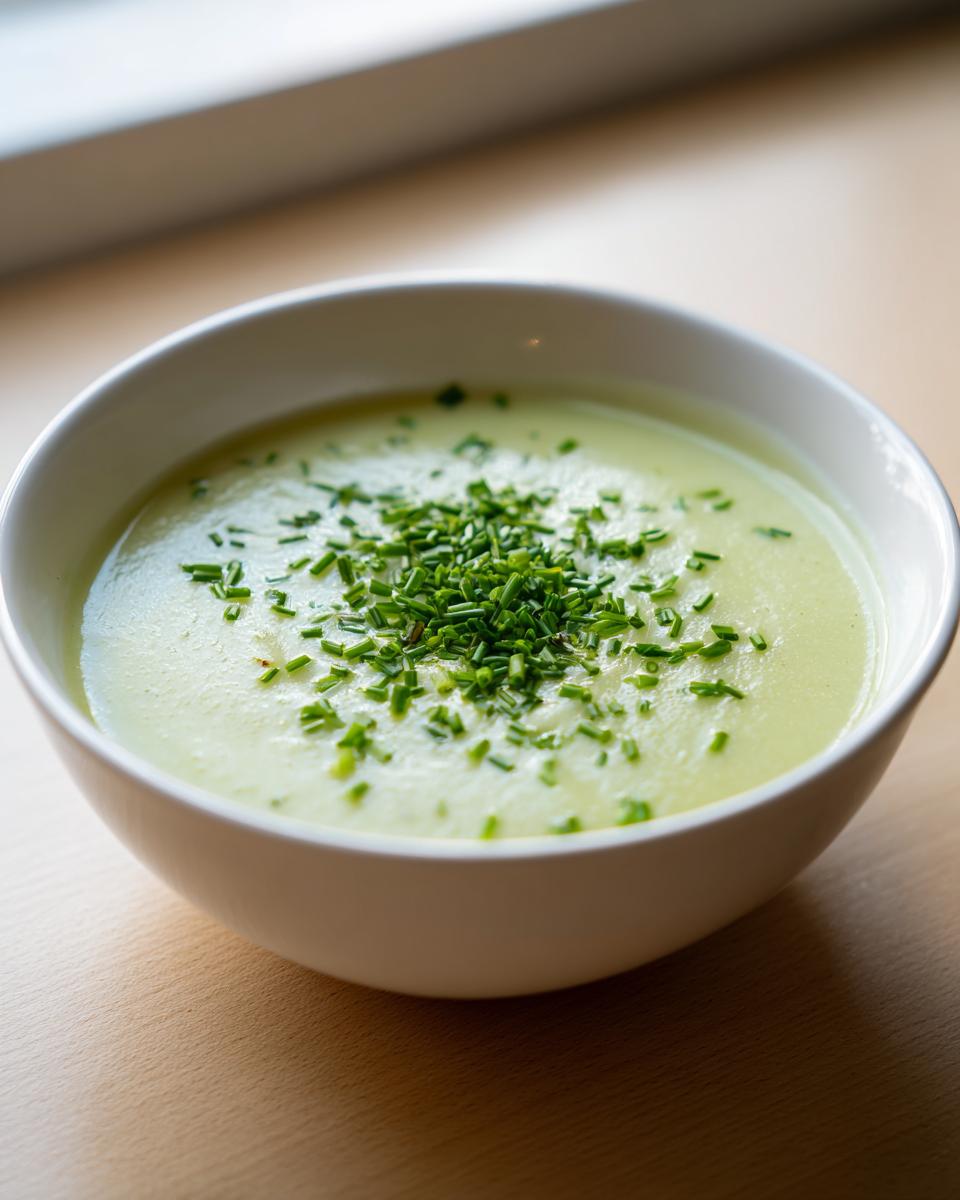 A close-up of creamy potato leek soup in a white bowl, topped generously with fresh chopped chives.