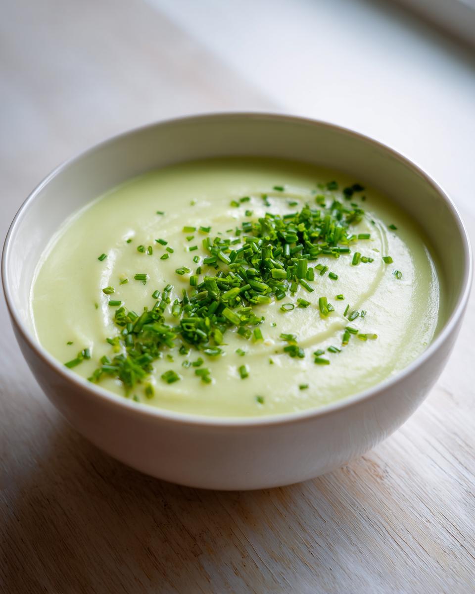 A close-up of a bowl of creamy potato leek soup topped generously with freshly chopped green chives.