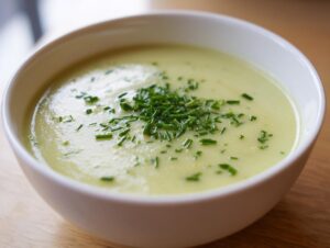 Close-up of a bowl of creamy potato leek soup topped with fresh, chopped chives.