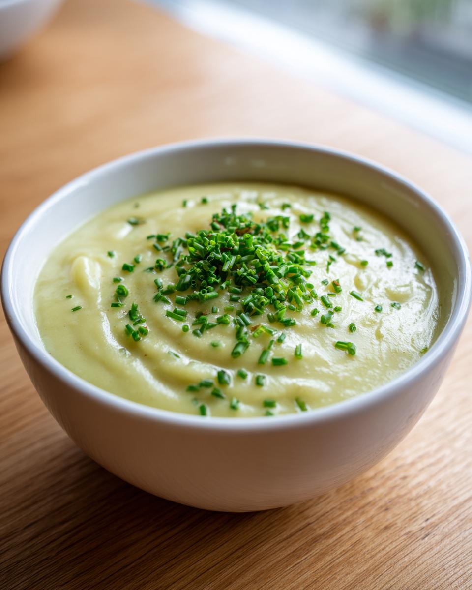 Close-up of a white bowl filled with creamy potato leek soup, topped generously with fresh chopped chives.