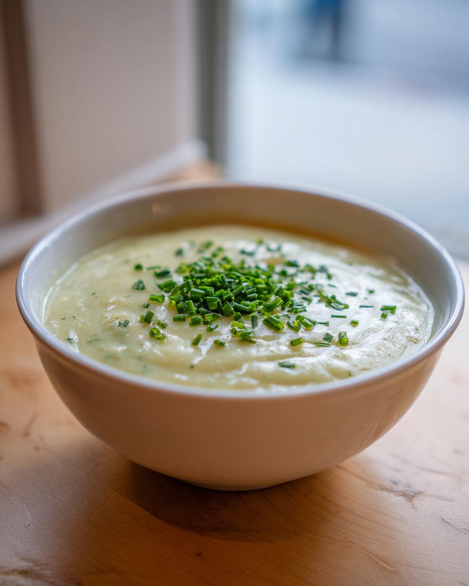 A close-up of creamy potato leek soup in a white bowl, garnished generously with chopped fresh chives.