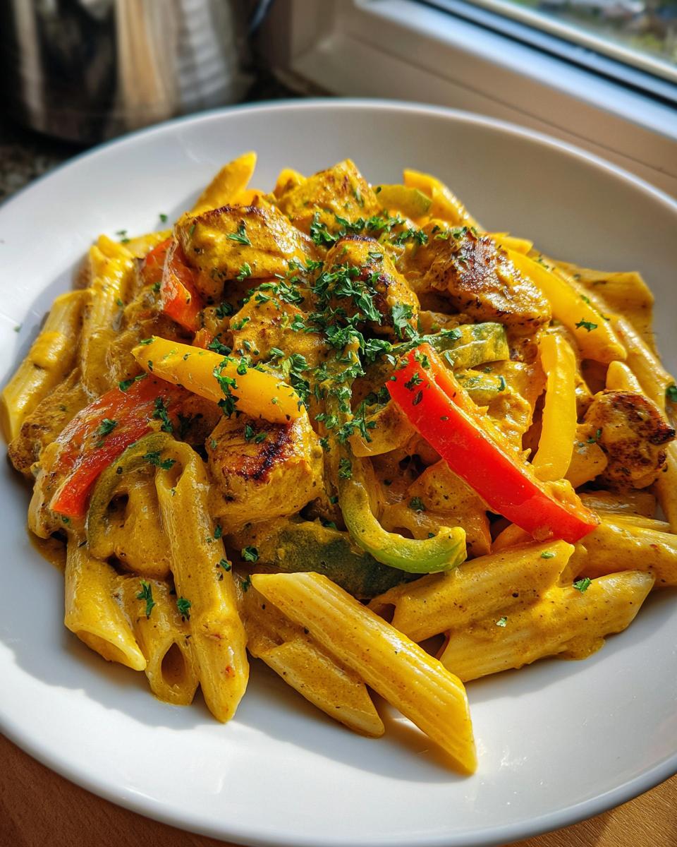 A close-up of a bowl of vibrant Rasta Pasta featuring penne, chicken pieces, and colorful bell peppers in a rich, yellow sauce.