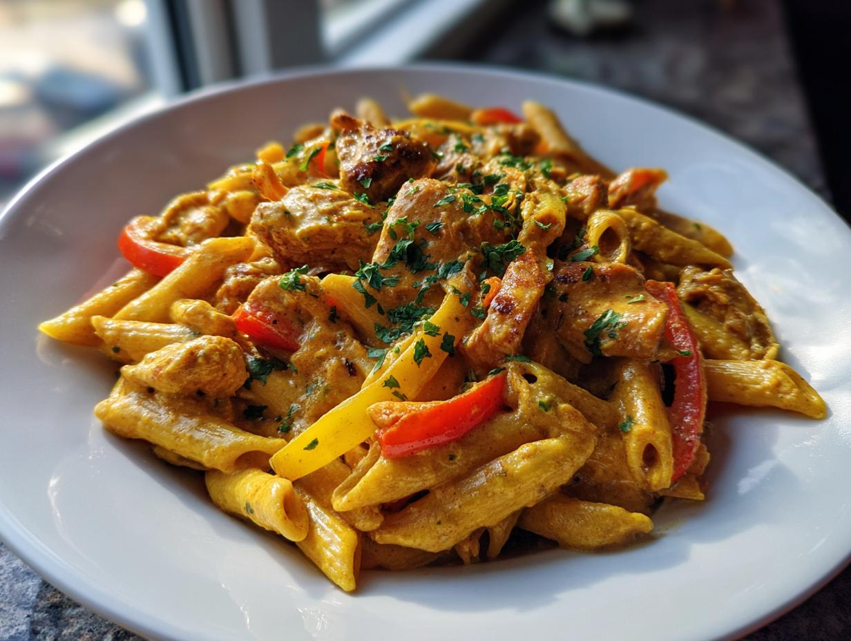 A close-up of creamy, yellow-orange Rasta Pasta featuring penne, chicken pieces, and sliced bell peppers, garnished with parsley.