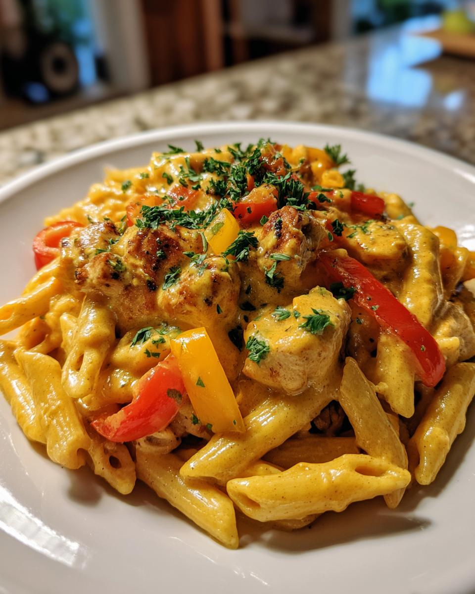 Close-up of creamy Rasta pasta made with penne, chicken, red and yellow bell peppers, topped with parsley.