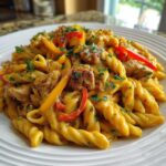 Close-up of a serving of creamy Rasta Pasta featuring fusilli, seasoned chicken pieces, and colorful bell peppers, garnished with parsley.