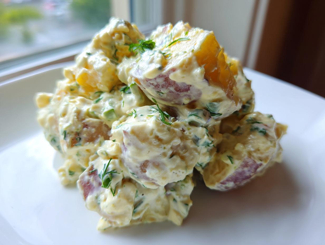 A close-up of a serving of creamy red potato salad mixed with herbs on a white plate.