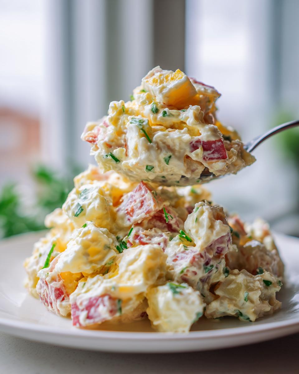 A spoonful of creamy red potato salad, featuring chunks of red-skinned potatoes, egg, and green herbs, lifted above a plate.