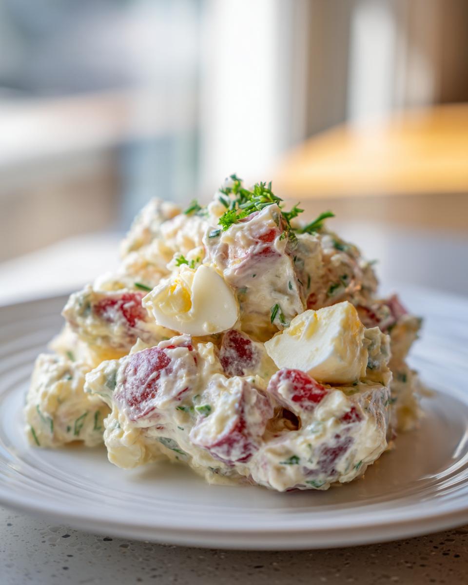 A close-up of a serving of creamy red potato salad mixed with chopped hard-boiled eggs and fresh herbs.