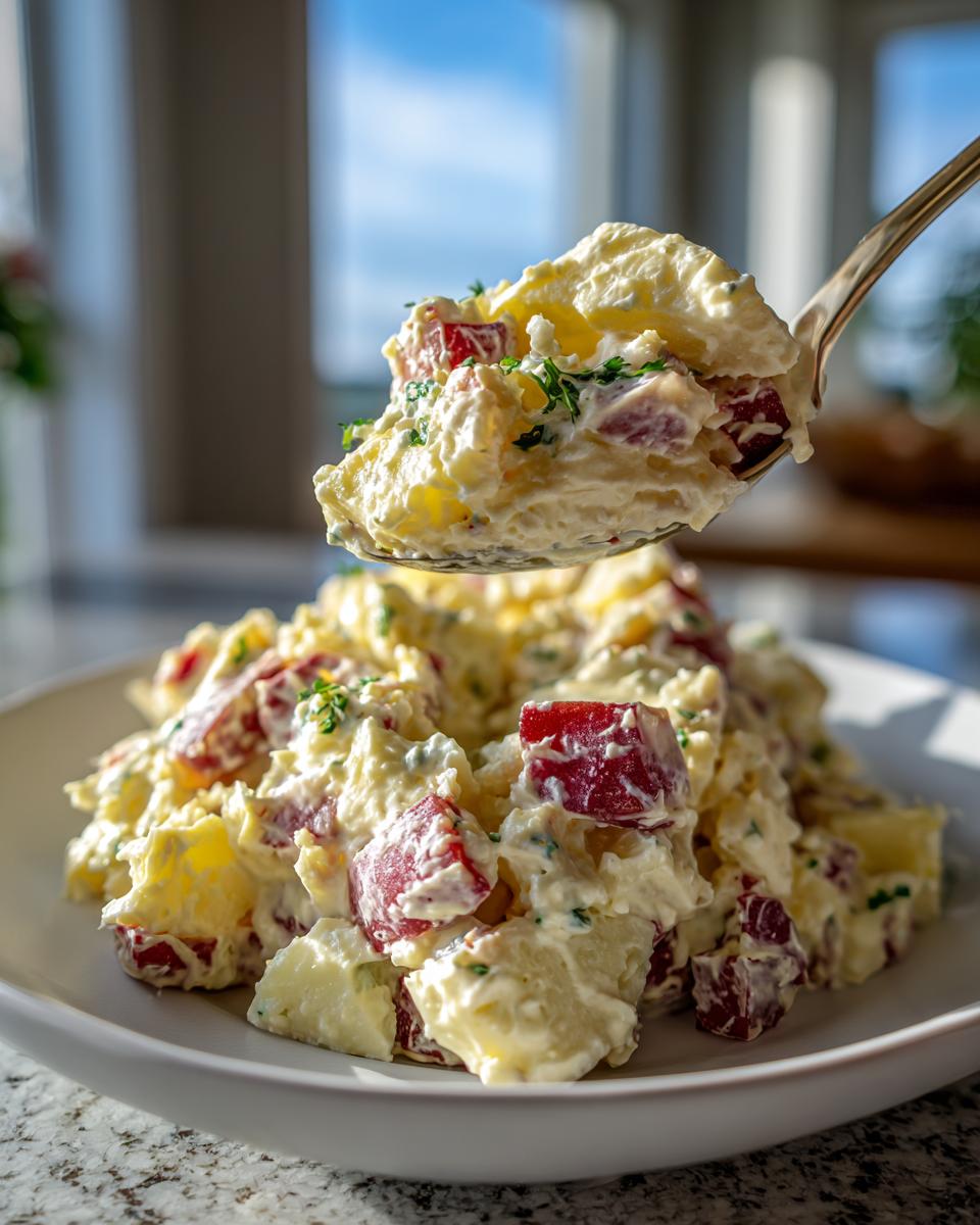 A spoonful of creamy red potato salad being lifted from a white bowl, showing chunks of red potato and herbs.