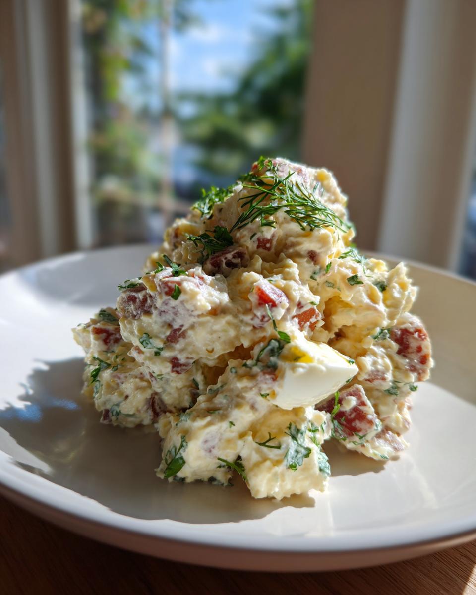 A mound of creamy red potato salad, featuring chunks of red potato and fresh dill, served on a white plate.