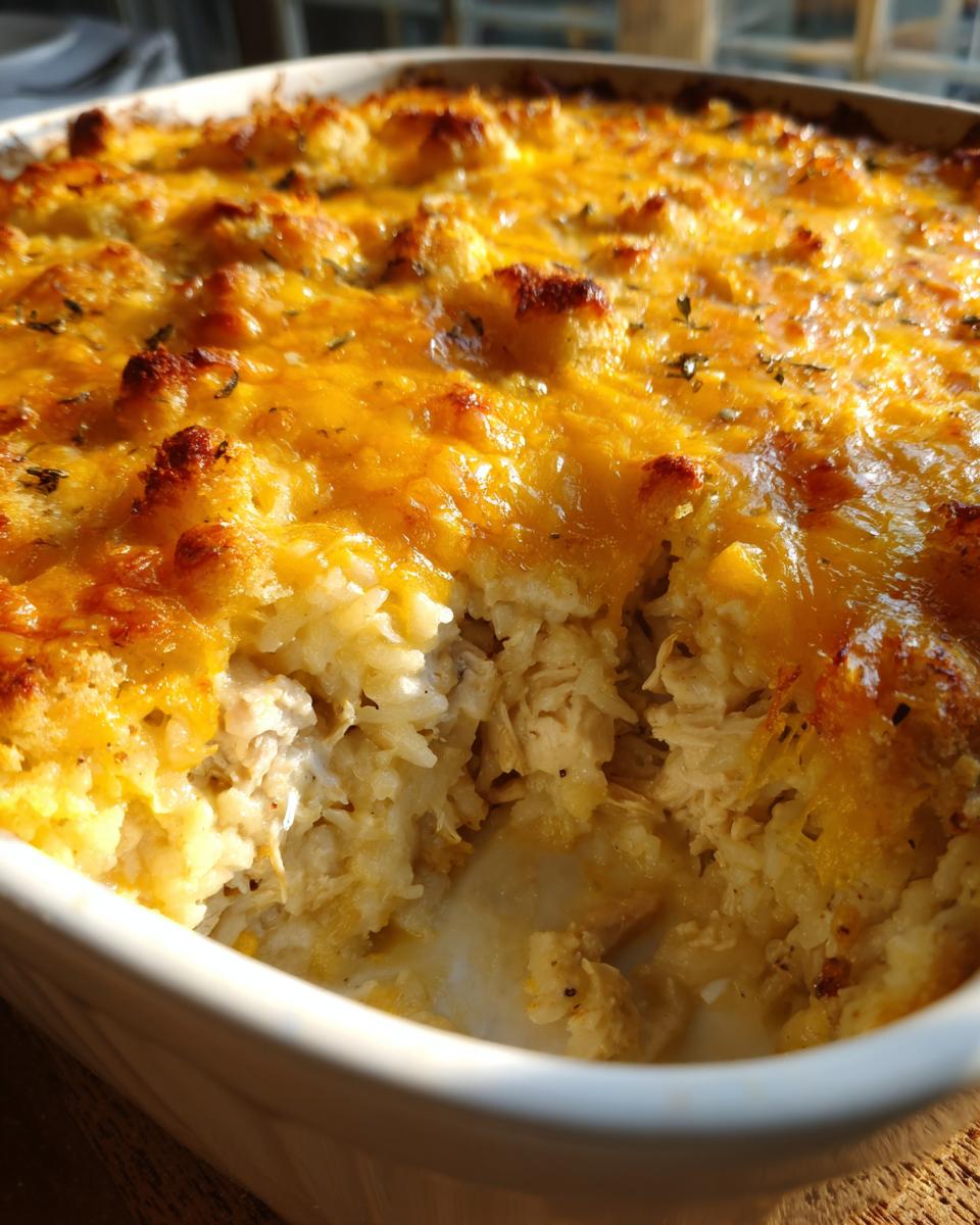 Close-up of a creamy rice casserole baked in a white dish, featuring shredded chicken and a bubbly, golden-brown melted cheese topping.