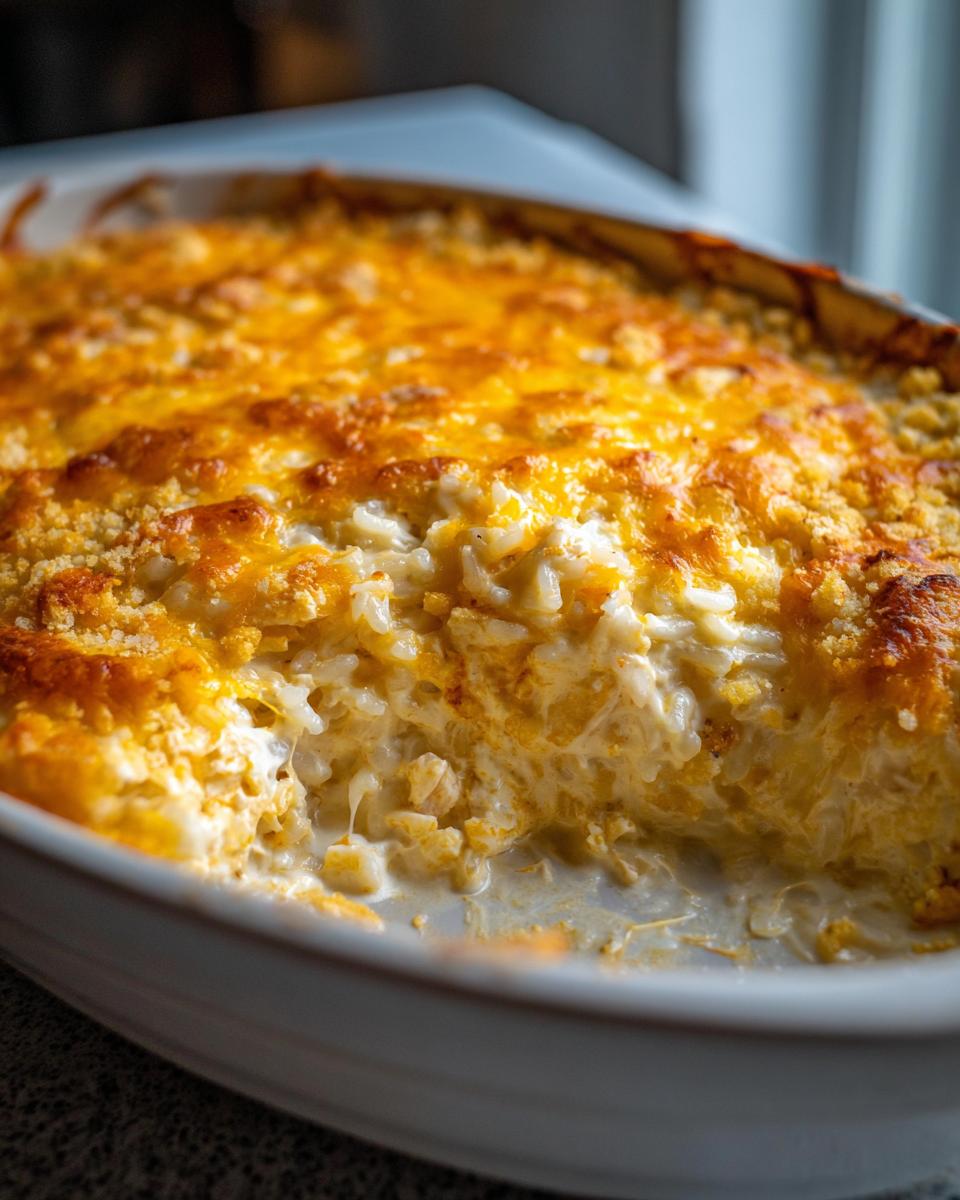 Close-up of a creamy rice casserole in a white baking dish, featuring a golden, bubbly cheese crust.