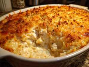 Close-up of a creamy rice casserole in a baking dish with a golden, crispy breadcrumb topping.