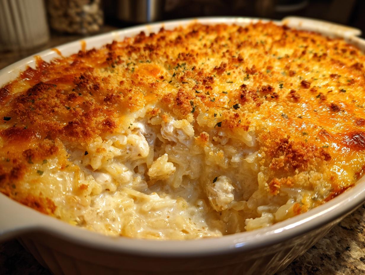 Close-up of a creamy rice casserole in a baking dish with a golden, crispy breadcrumb topping.