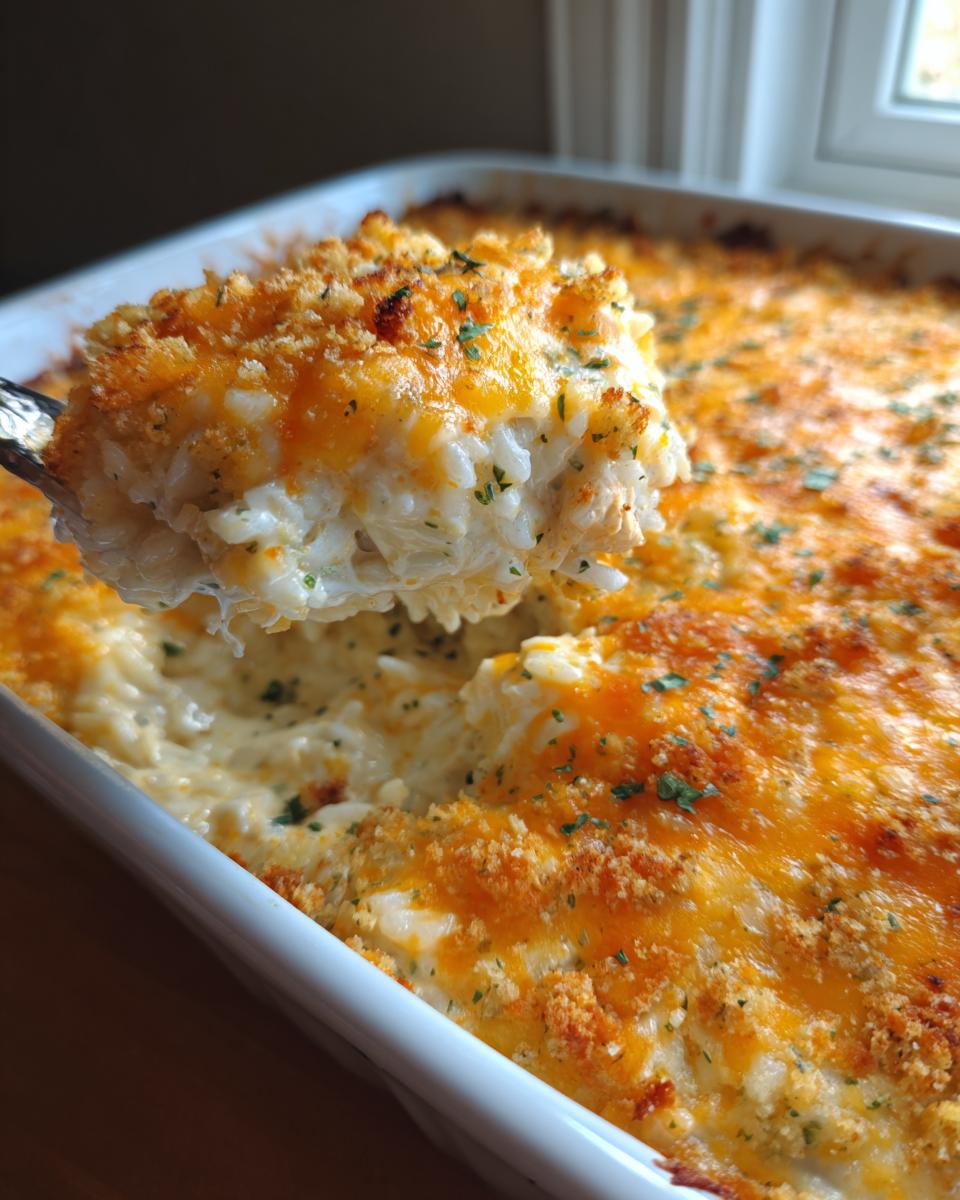 A spoonful of creamy rice casserole, topped with melted cheddar cheese and breadcrumbs, being lifted from the baking dish.