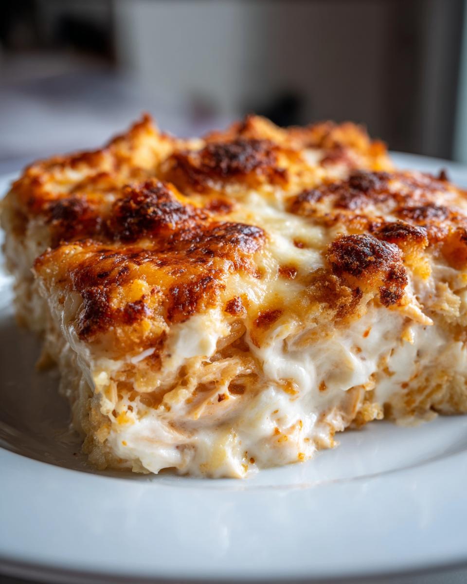 Close-up of a square slice of creamy rice casserole with a golden-brown, bubbly cheese topping.